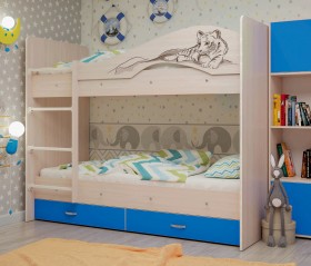 Кровать Мая-Сафари двухъярусная с ящикамиМлечный дуб/Голубой в Балашихе - balashixa.katalogmebeli.com | фото