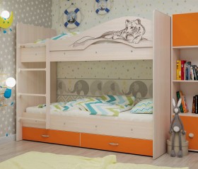 Кровать Мая-Сафари двухъярусная с ящикамиМлечный дуб/Оранжевый в Балашихе - balashixa.katalogmebeli.com | фото