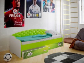 Кровать Софа-8 с мягкой спинкой фотопечать Футбол (900х2000) Белый/Лайм в Балашихе - balashixa.katalogmebeli.com | фото